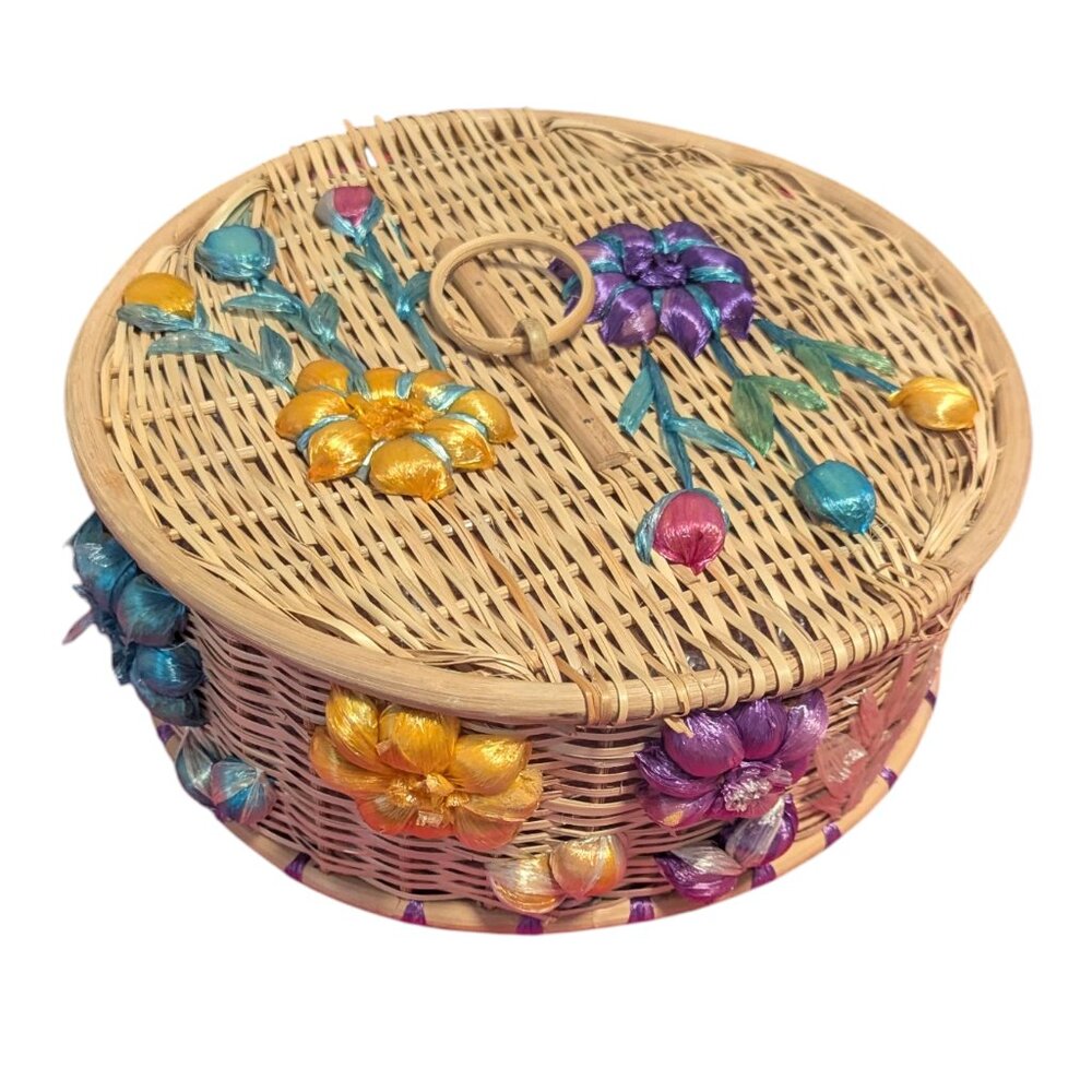 Vintage Wicker Food Cover Floral 3D Embroidery Picnic MCM Boho Raffia‎